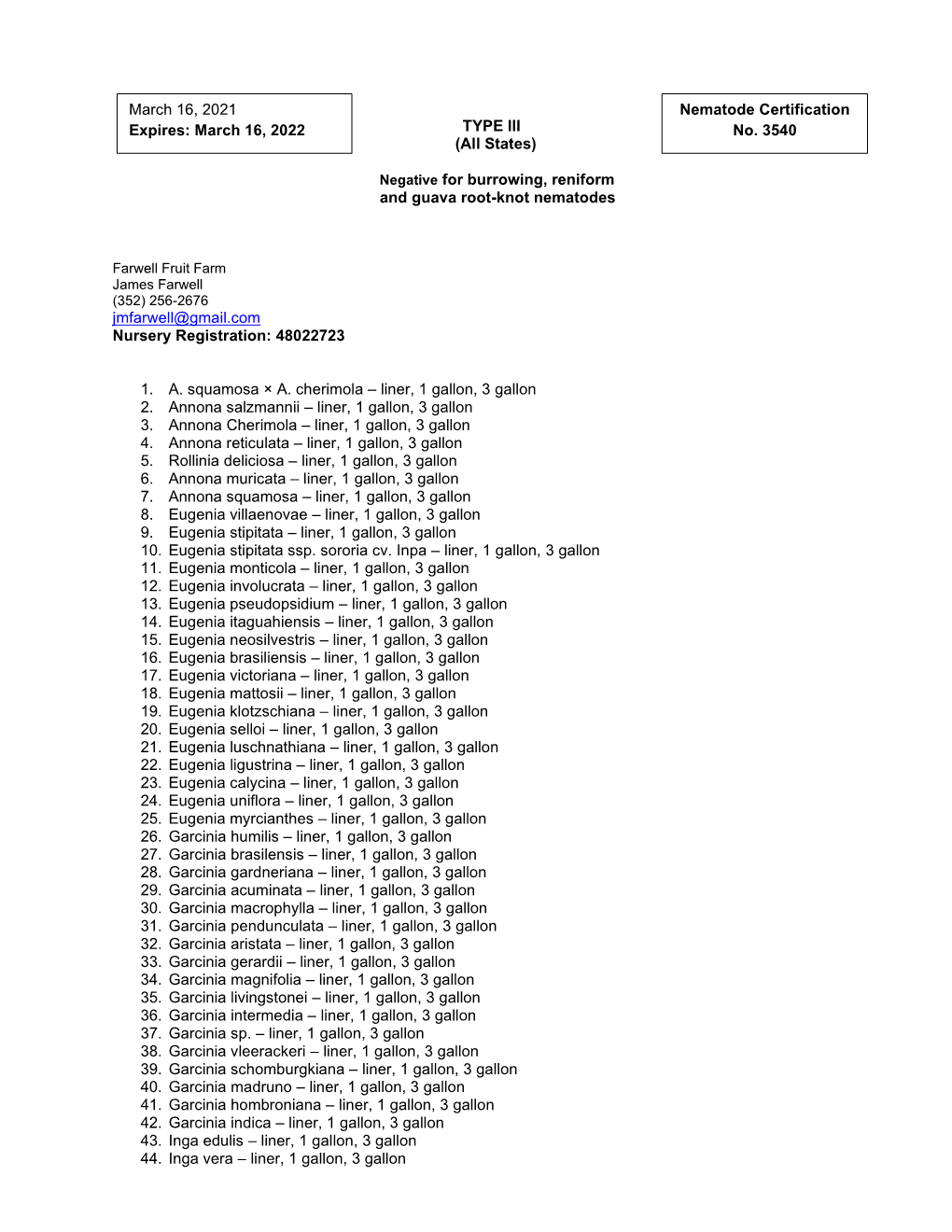 Farwell Fruit Farm James Farwell (352) 256-2676 Jmfarwell@Gmail.Com Nursery Registration: 48022723