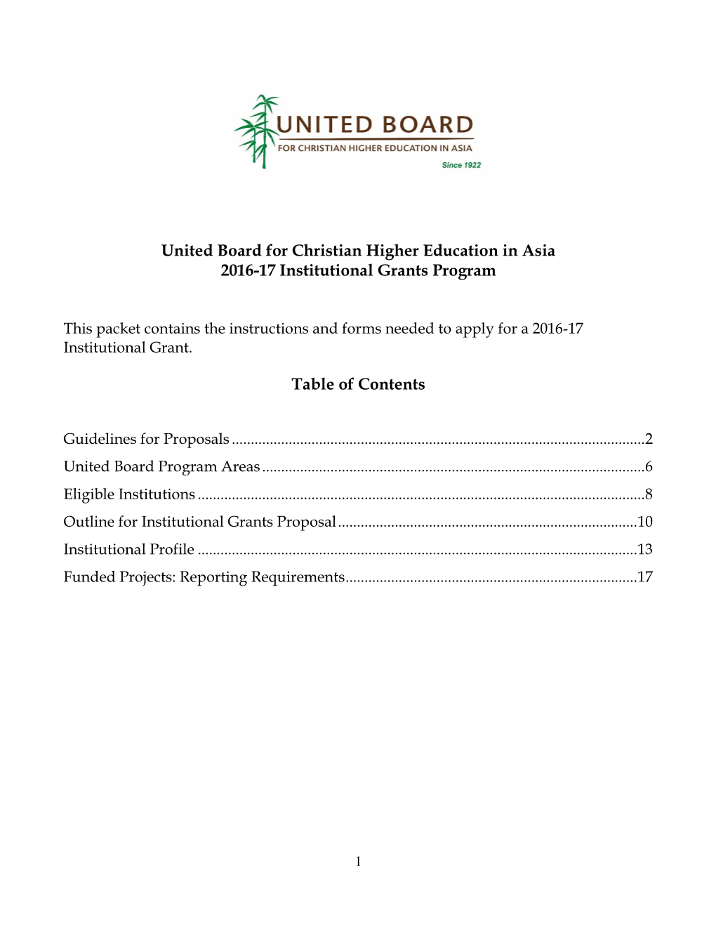 United Board for Christian Higher Education in Asia 2016-17 Institutional Grants Program