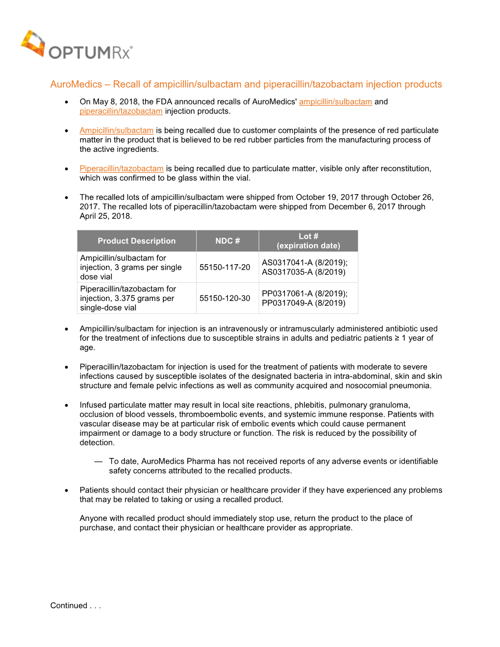 Recall of Ampicillin/Sulbactam and Piperacillin/Tazobactam Injection Products