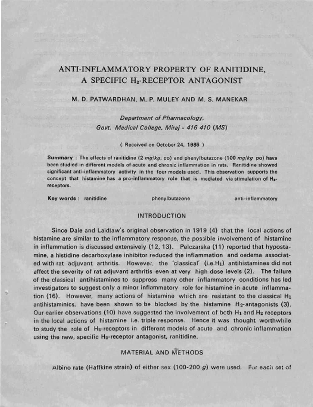 ANTI-INFLAMMATORY PROPERTY of RANITIDINE, a SPECIFIC Hz-RECEPTOR ANTAGONIST