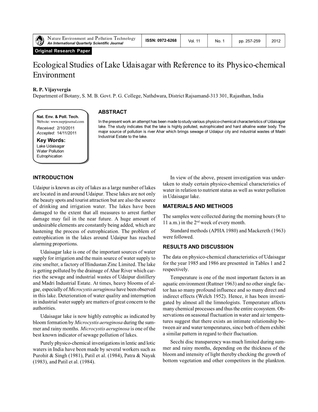 Ecological Studies of Lake Udaisagar with Reference to Its Physico-Chemical Environment