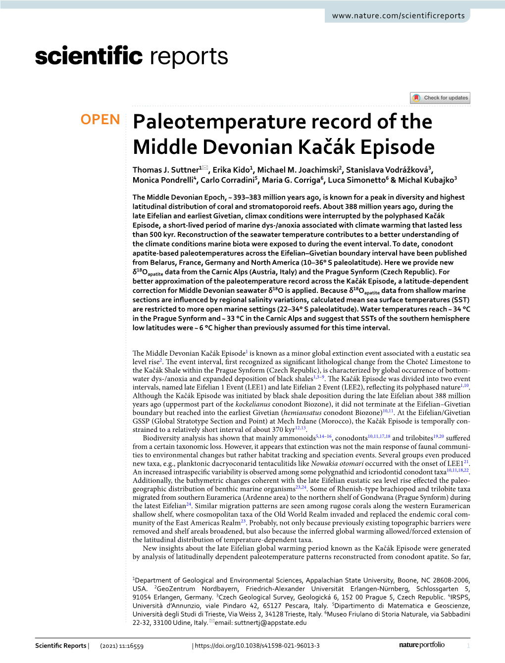 Paleotemperature Record of the Middle Devonian Kačák Episode Thomas J