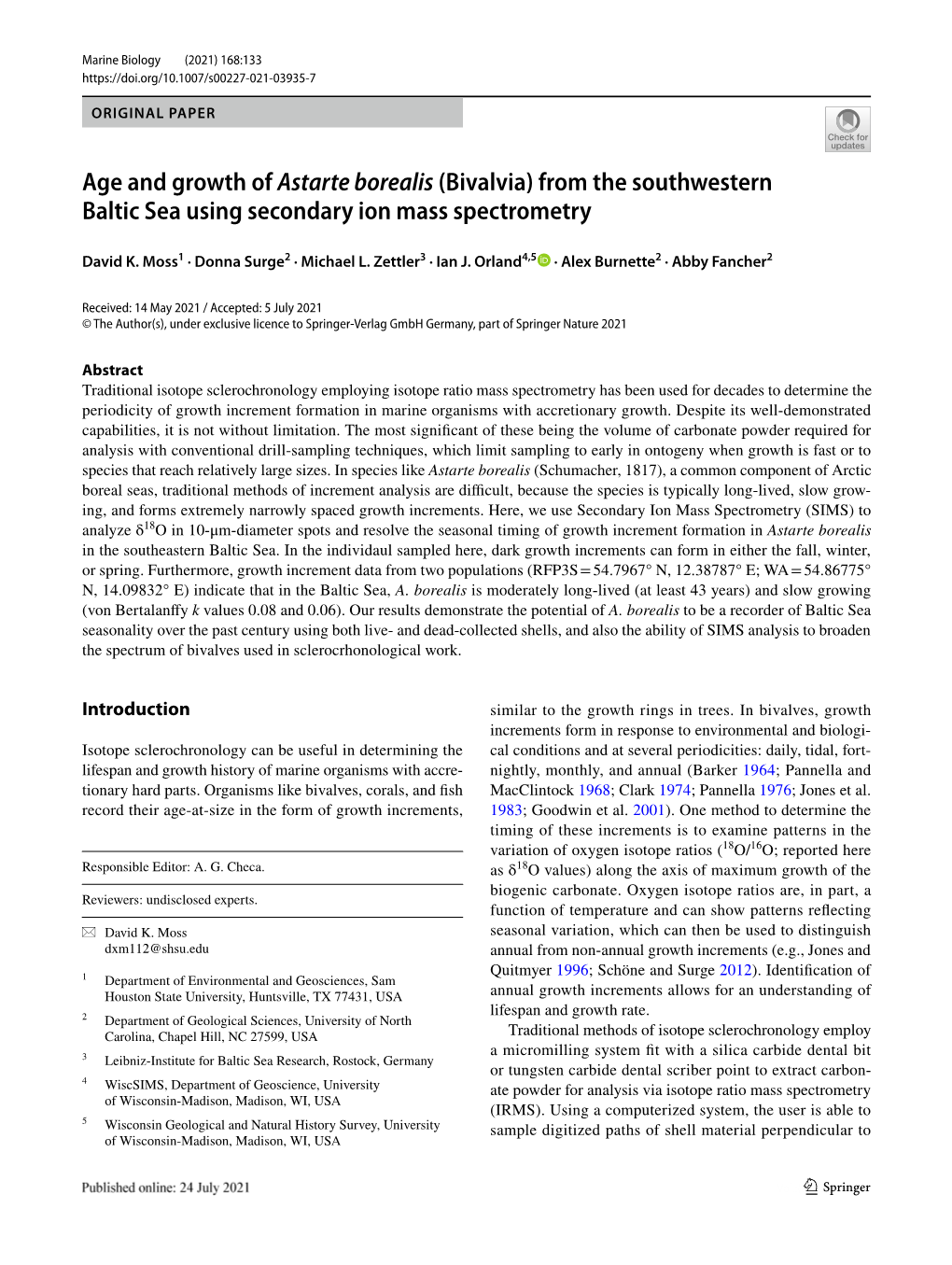 Age and Growth of Astarte Borealis (Bivalvia) from the Southwestern Baltic Sea Using Secondary Ion Mass Spectrometry