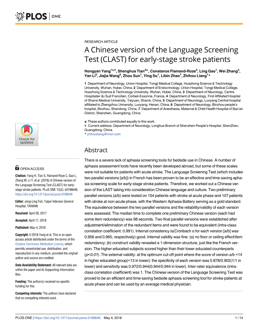 A Chinese Version of the Language Screening Test (CLAST) for Early-Stage Stroke Patients