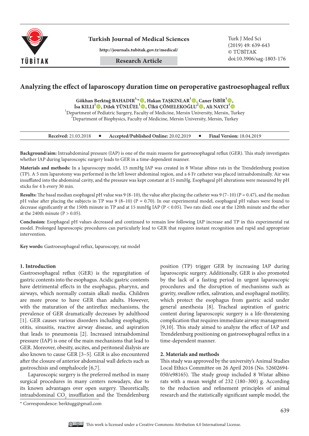 Analyzing the Effect of Laparoscopy Duration Time on Peroperative Gastroesophageal Reflux