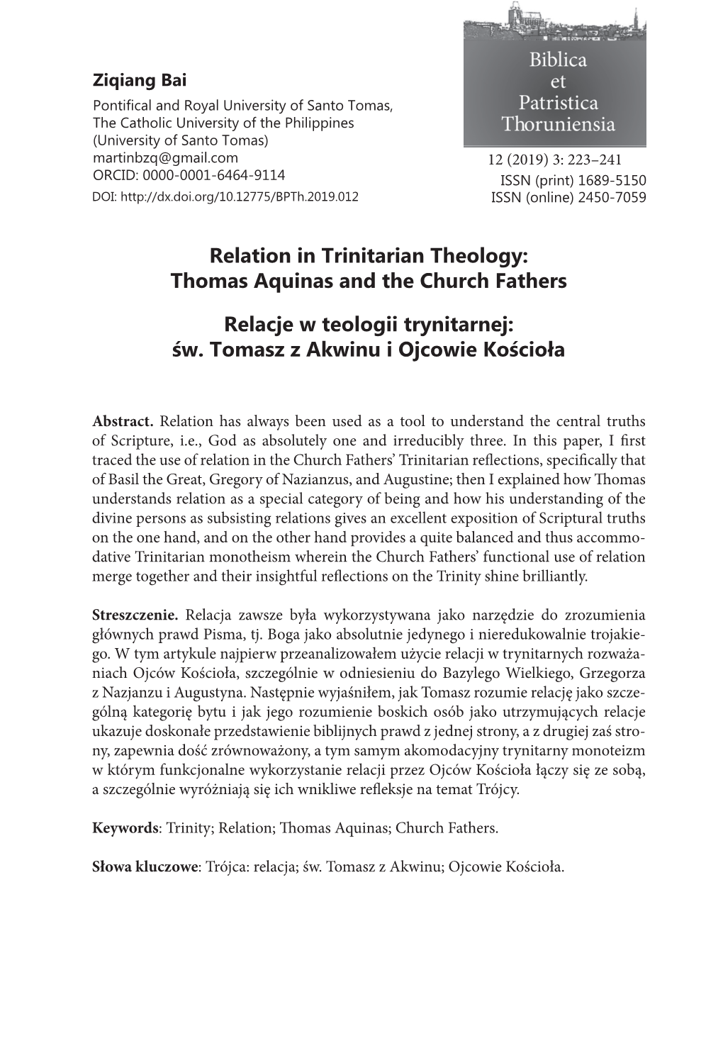 Relation in Trinitarian Theology: Thomas Aquinas and the Church Fathers