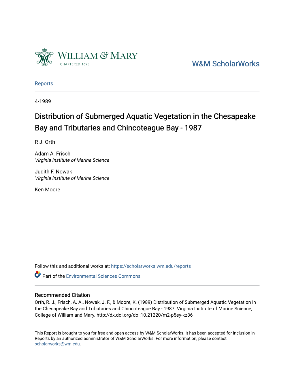 Distribution of Submerged Aquatic Vegetation in the Chesapeake Bay and Tributaries and Chincoteague Bay - 1987
