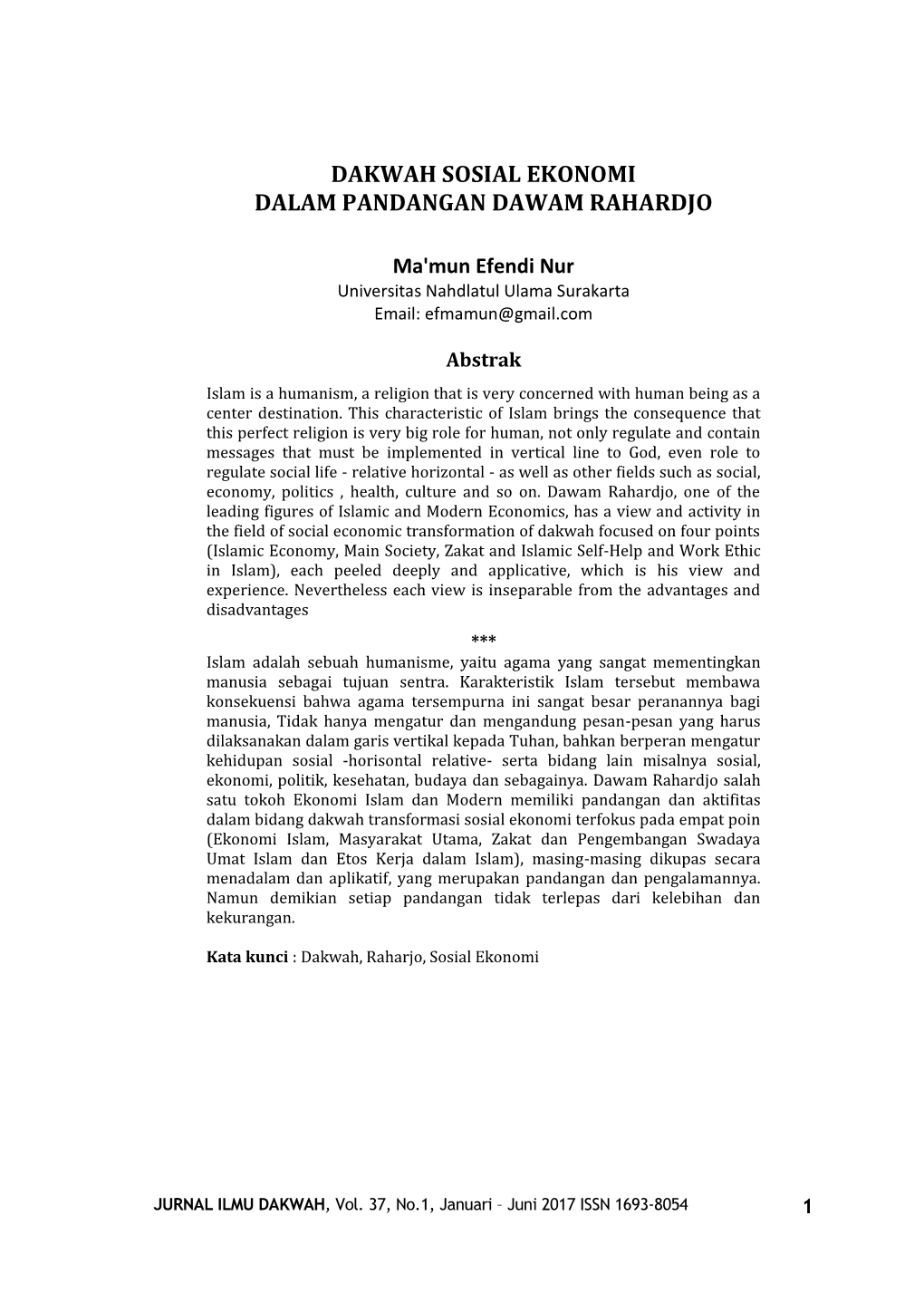 Dakwah Sosial Ekonomi Dalam Pandangan Dawam Rahardjo