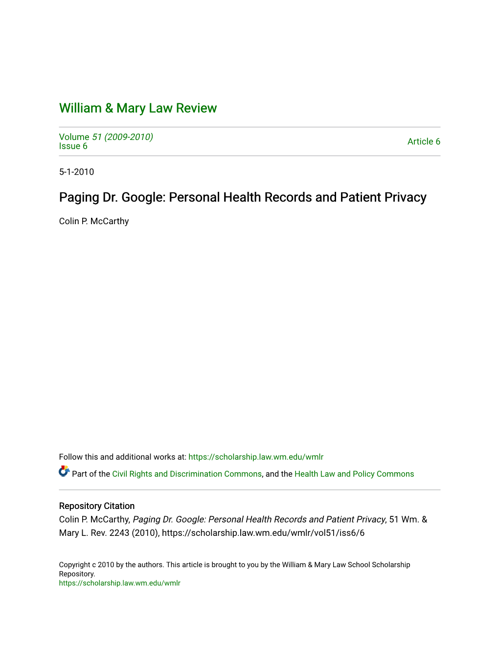 Paging Dr. Google: Personal Health Records and Patient Privacy