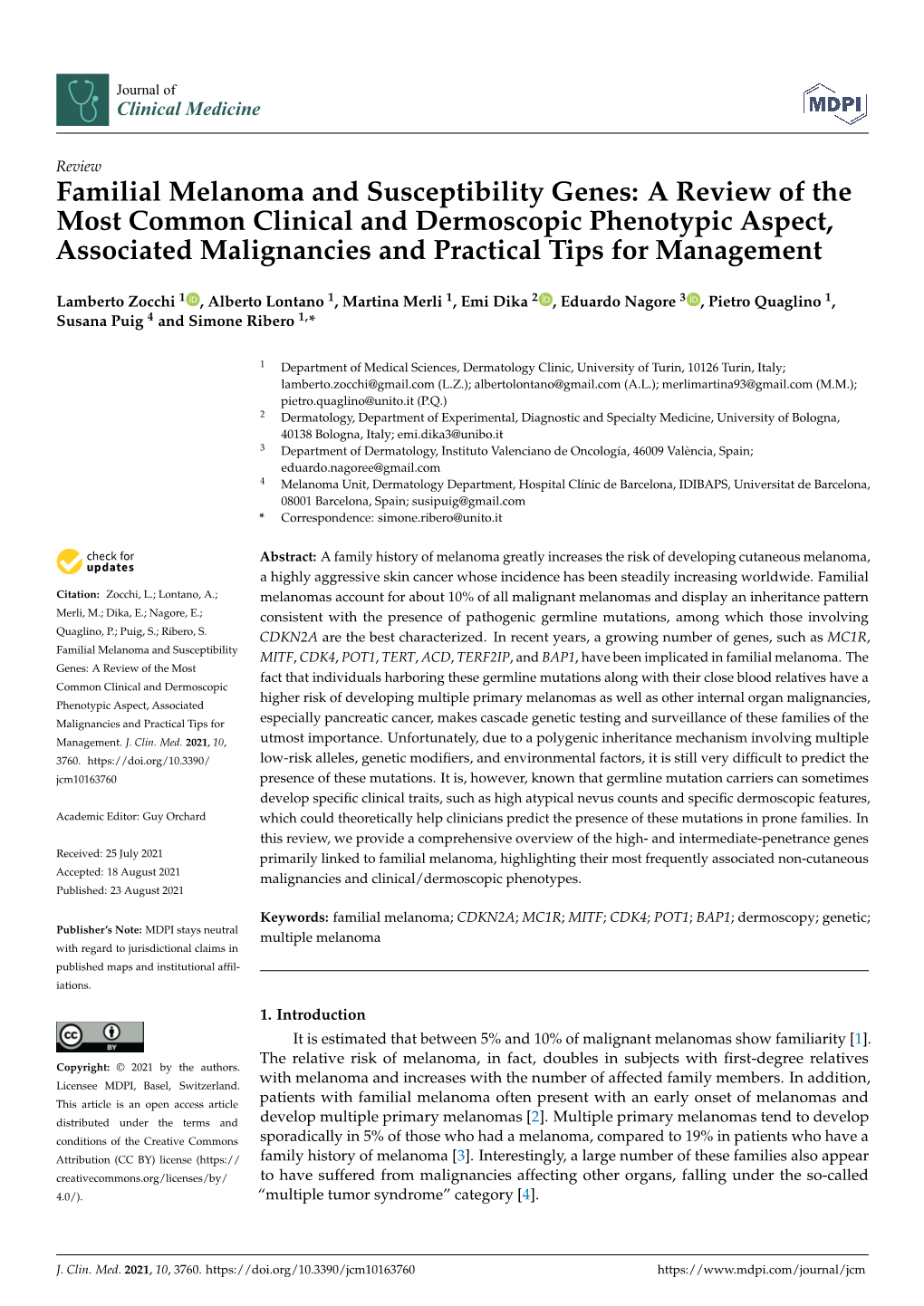 Familial Melanoma and Susceptibility Genes