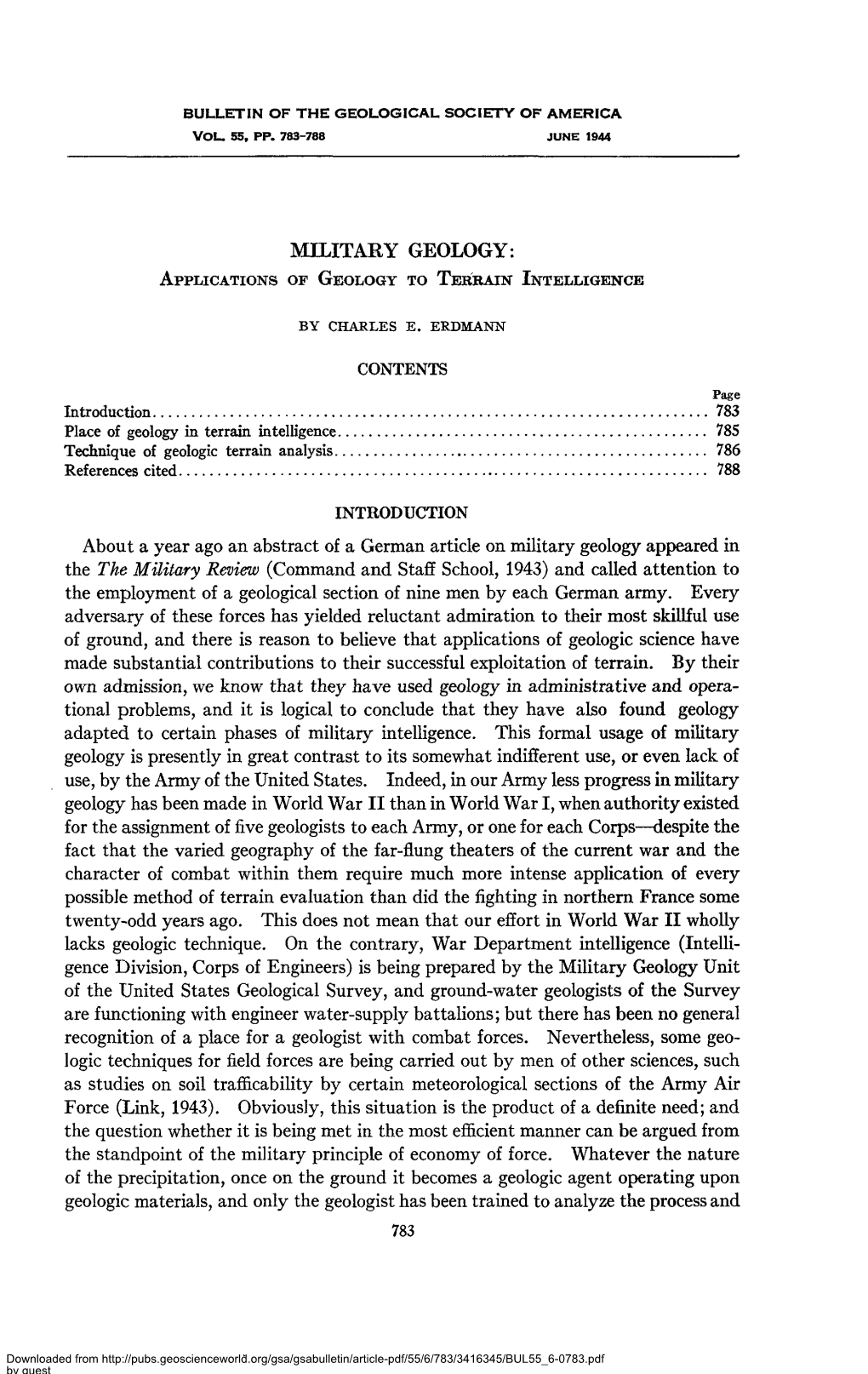 MILITARY GEOLOGY: a Pplications O F G Eo Lo G Y to T E R R a in I Ntelligence