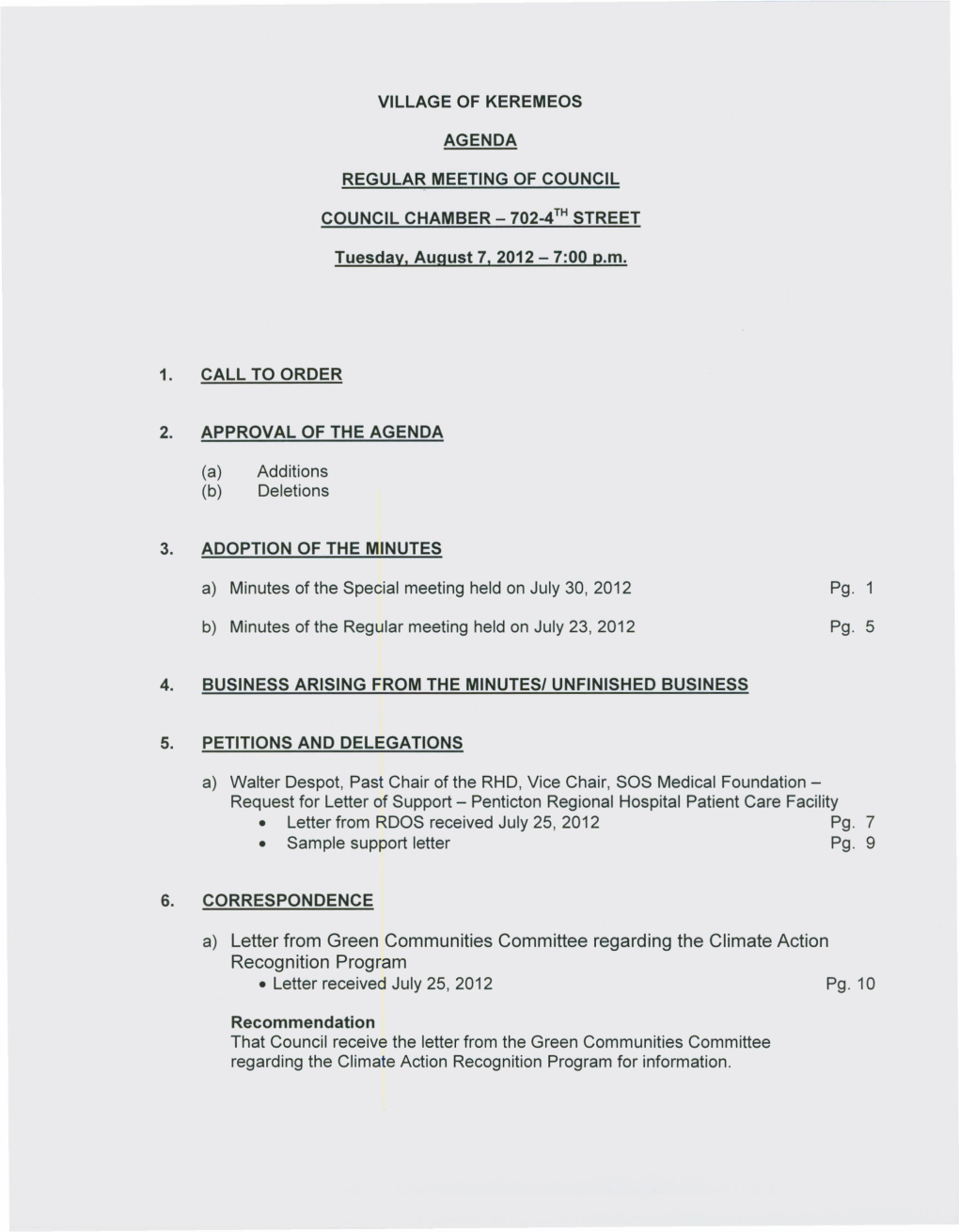 A) Letter from Green Communities Committee Regarding the Climate Action Recognition Program • Letter Received July 25, 2012 Pg