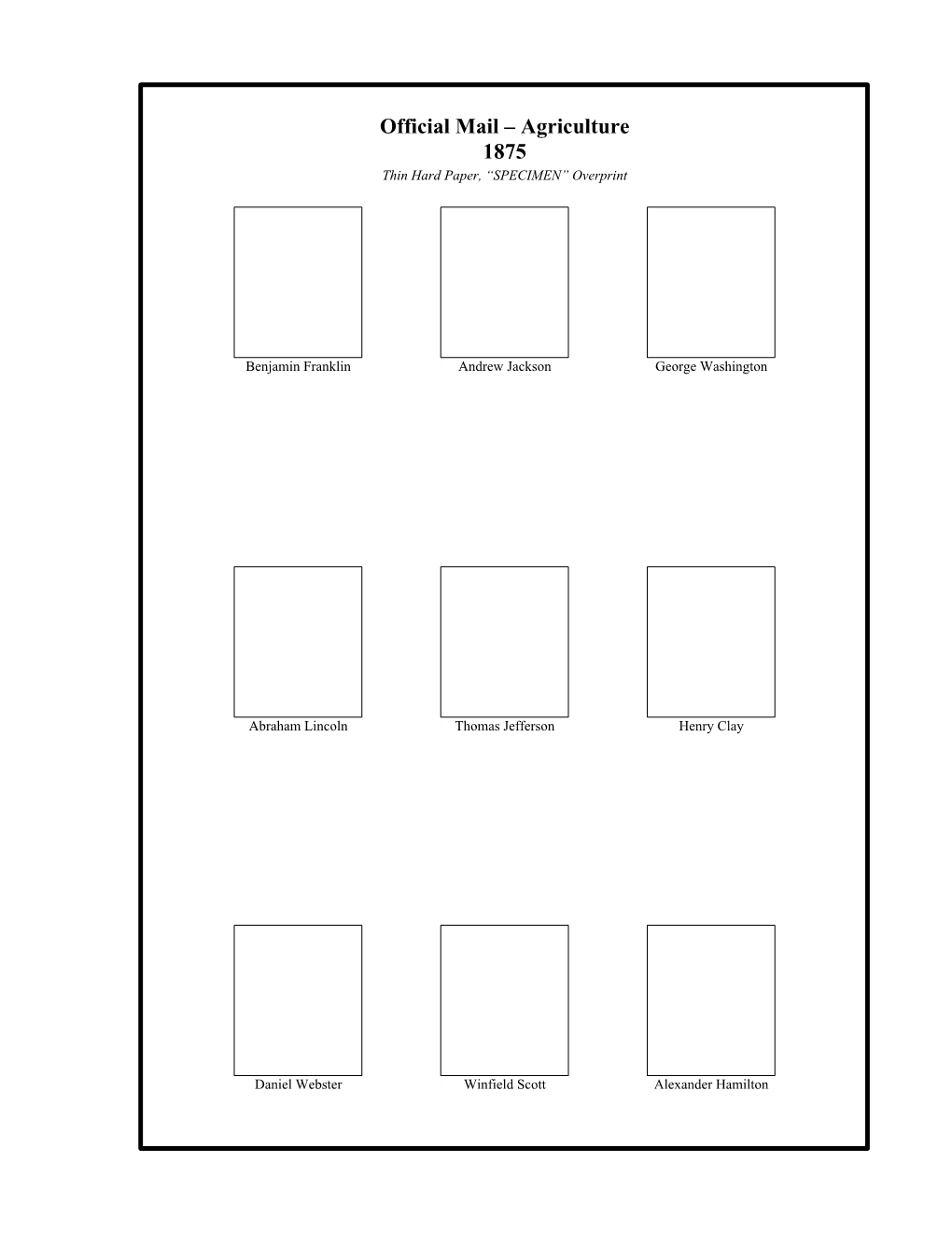 Official Mail – Agriculture 1875 Thin Hard Paper, “SPECIMEN” Overprint