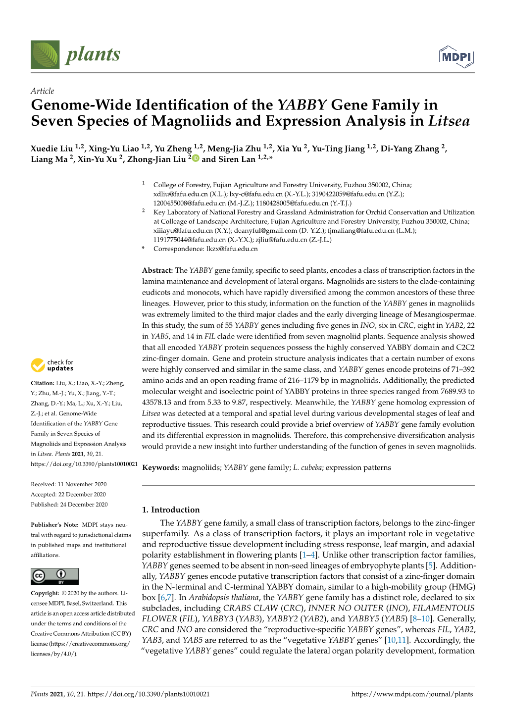 Genome-Wide Identification of the YABBY Gene Family in Seven