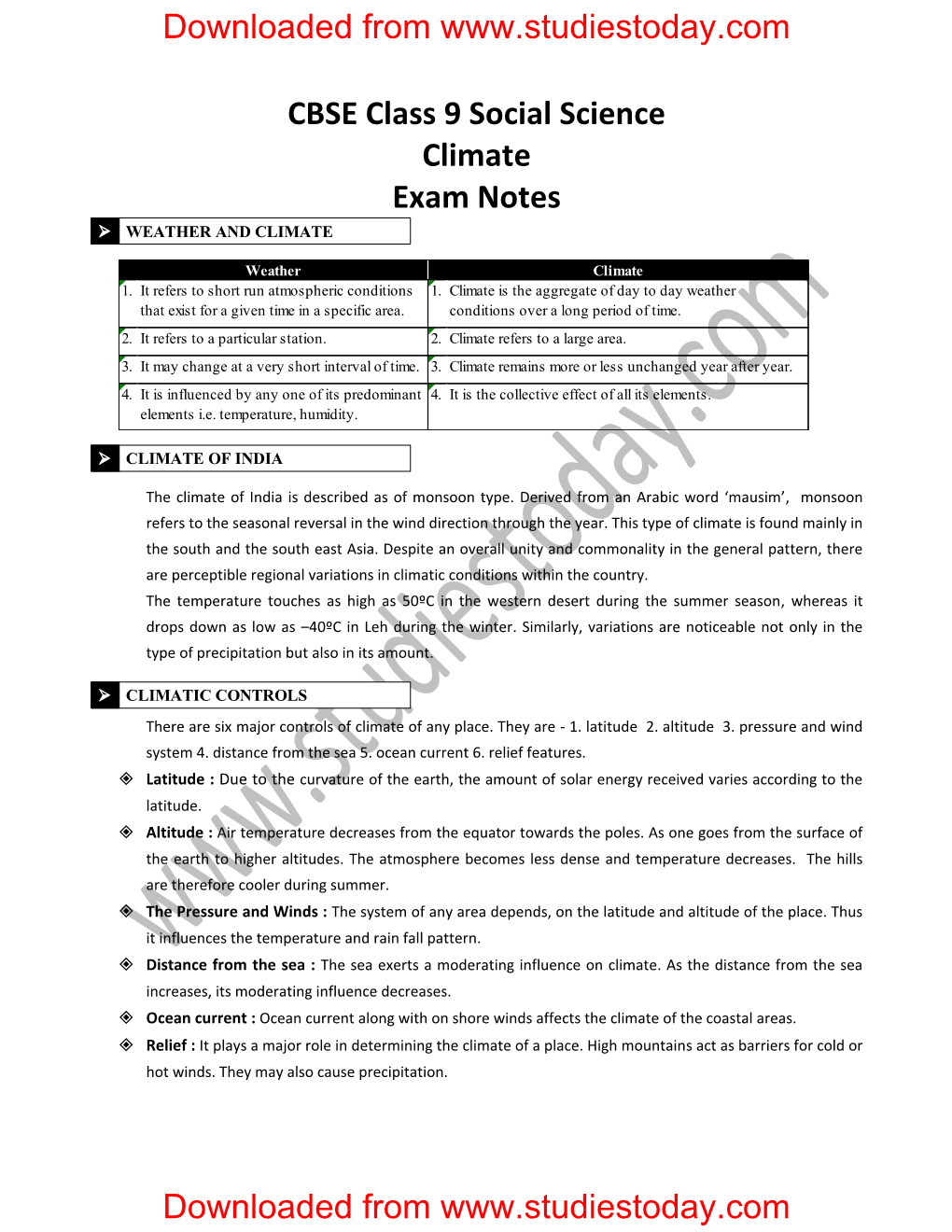 CBSE Class 9 Social Science Climate Exam Notes Downloaded from Www