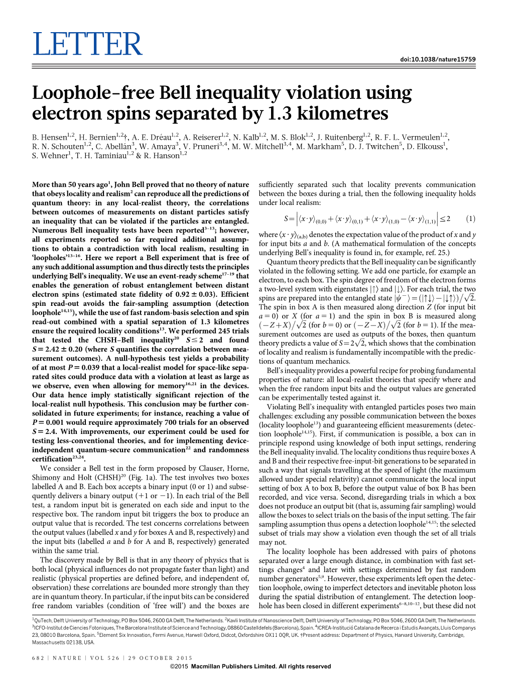 Loophole-Free Bell Inequality Violation Using Electron Spins Separated by 1.3 Kilometres