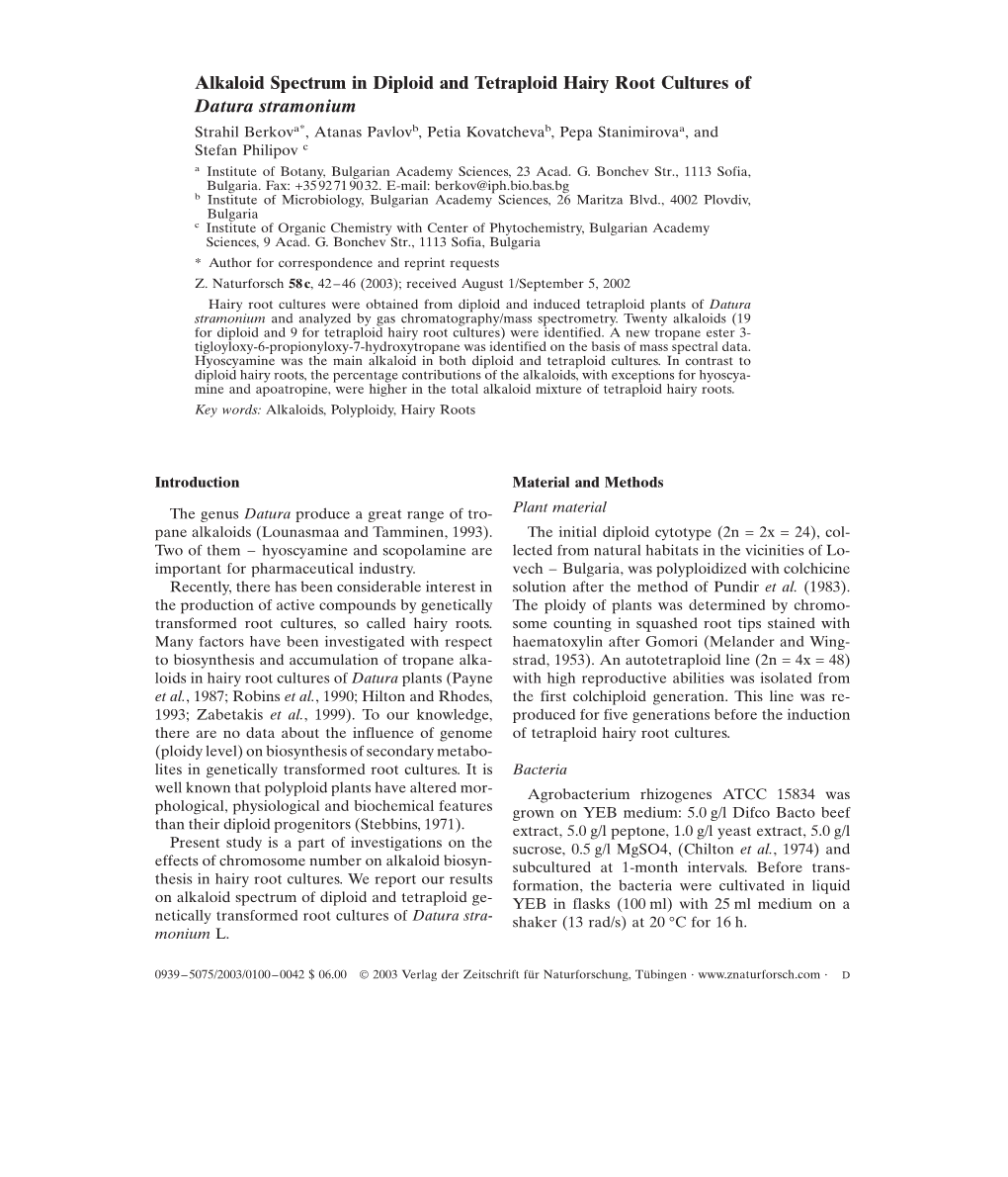 Alkaloid Spectrum in Diploid and Tetraploid Hairy Root Cultures Of