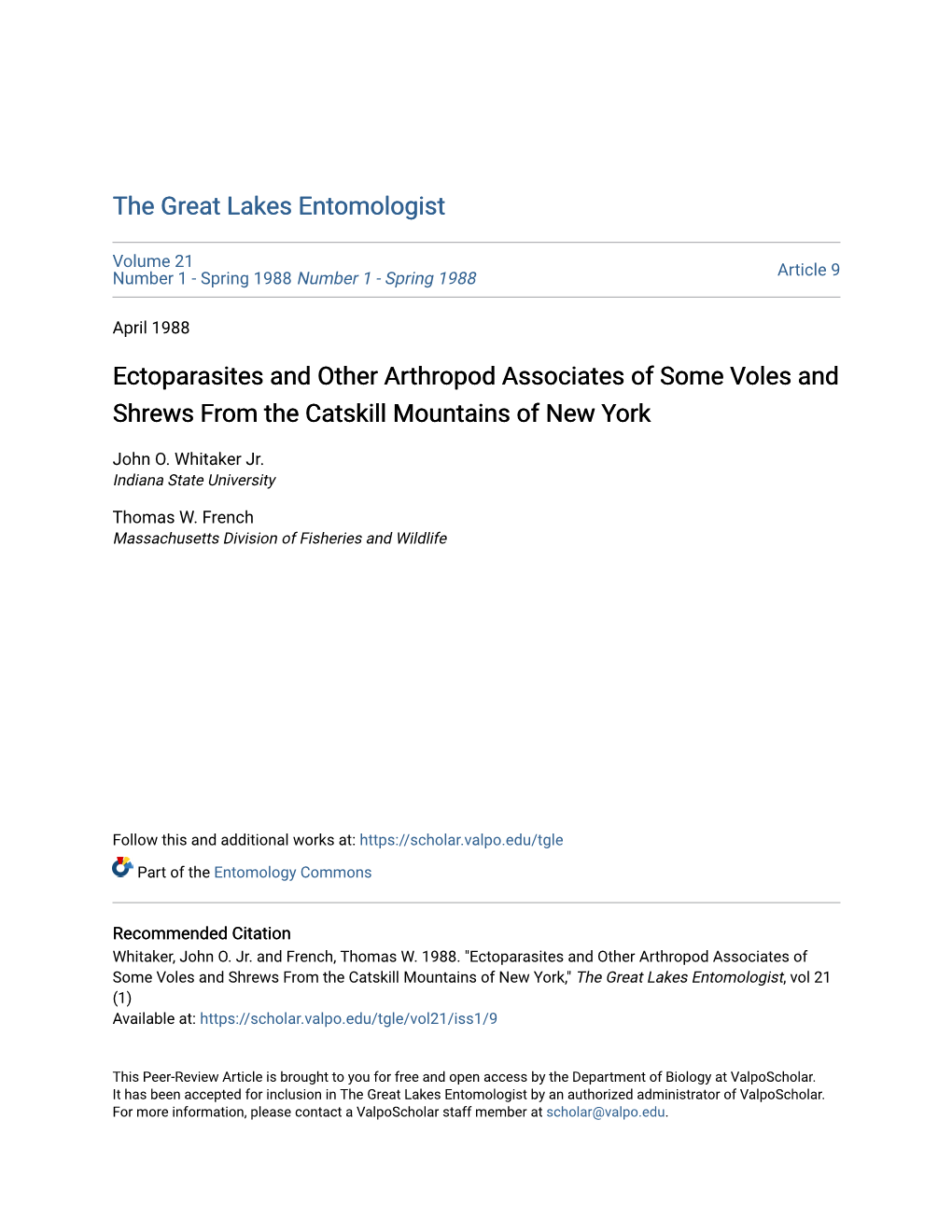 Ectoparasites and Other Arthropod Associates of Some Voles and Shrews from the Catskill Mountains of New York