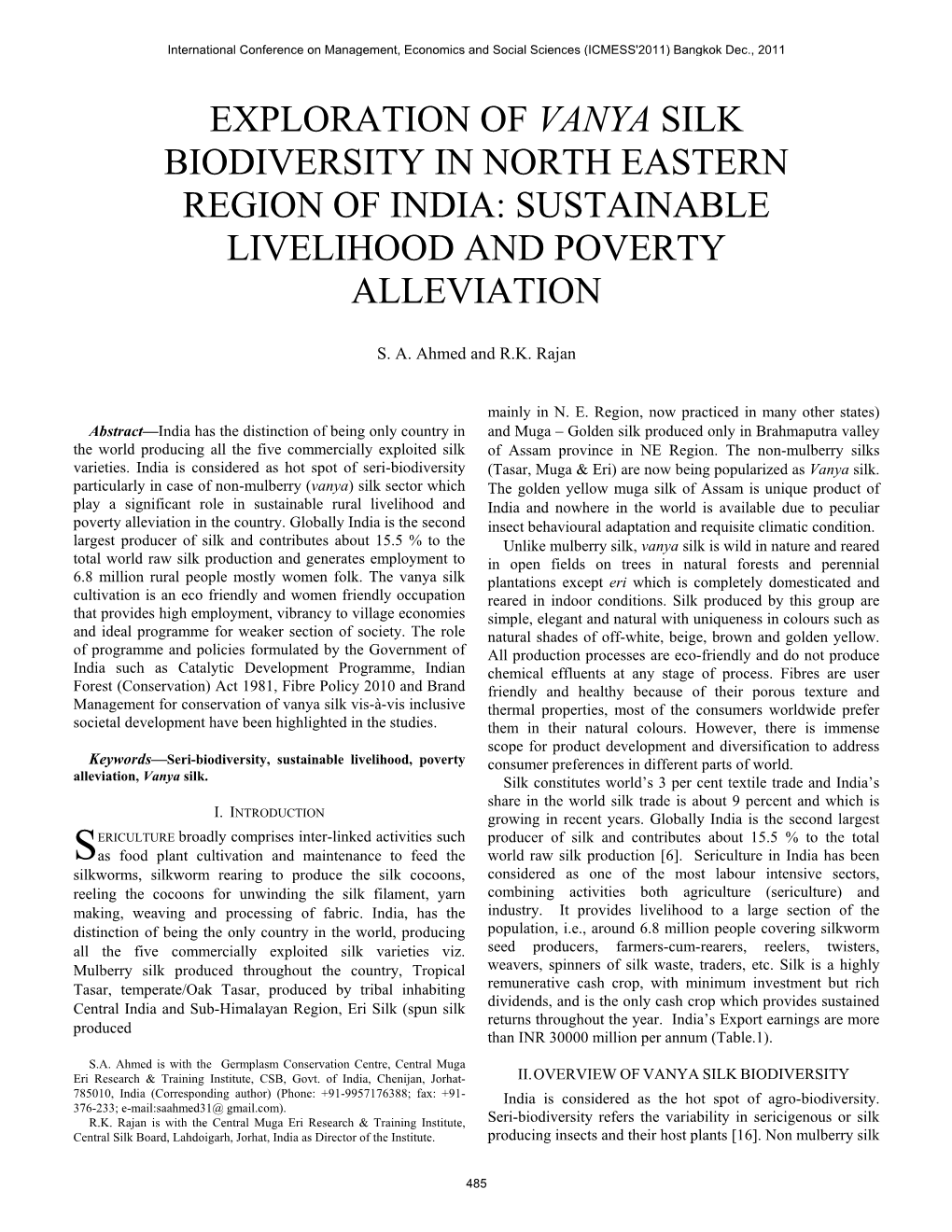 Exploration of Vanya Silk Biodiversity in North Eastern Region of India: Sustainable Livelihood and Poverty Alleviation