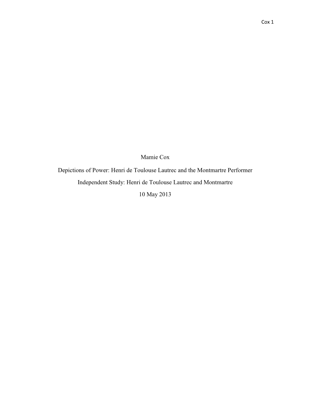 Mamie Cox Depictions of Power: Henri De Toulouse Lautrec and The