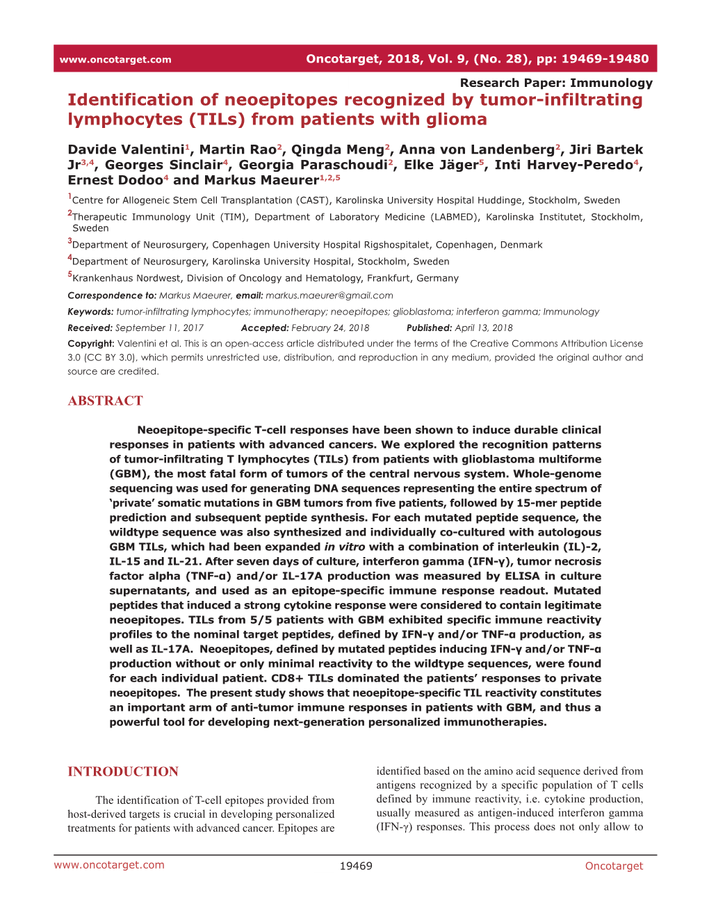 Identification of Neoepitopes Recognized by Tumor-Infiltrating Lymphocytes (Tils) from Patients with Glioma