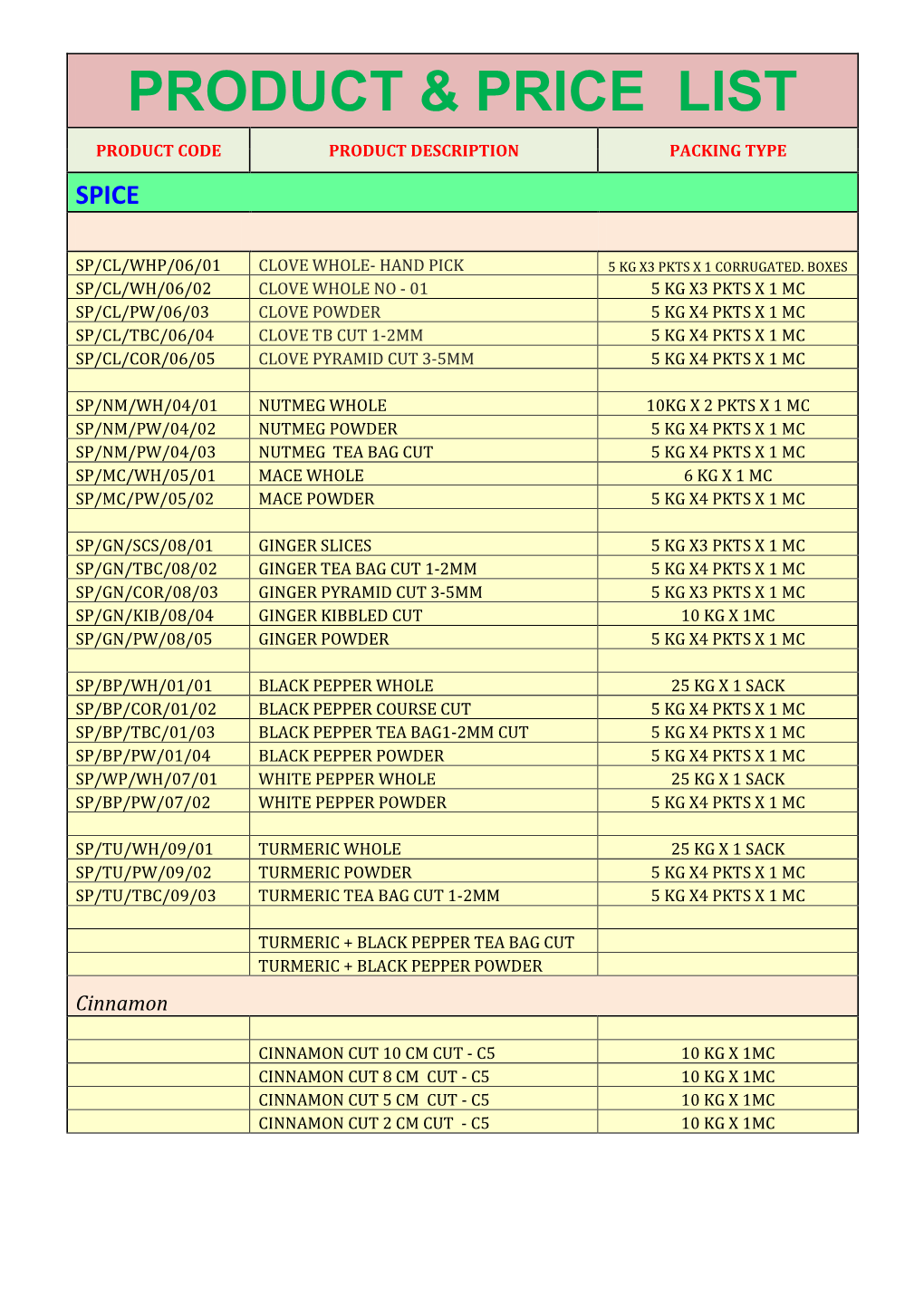 Product & Price List