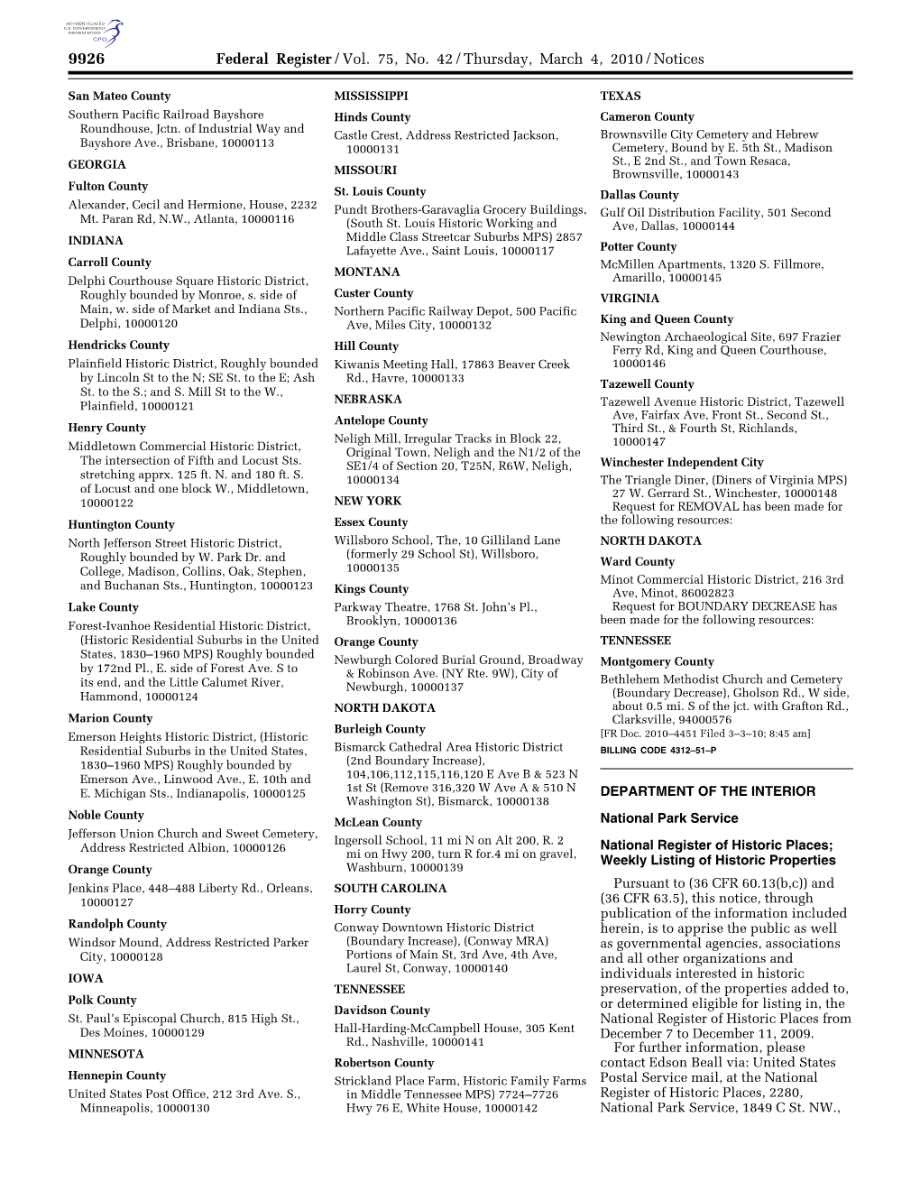 Federal Register/Vol. 75, No. 42/Thursday, March 4, 2010/Notices