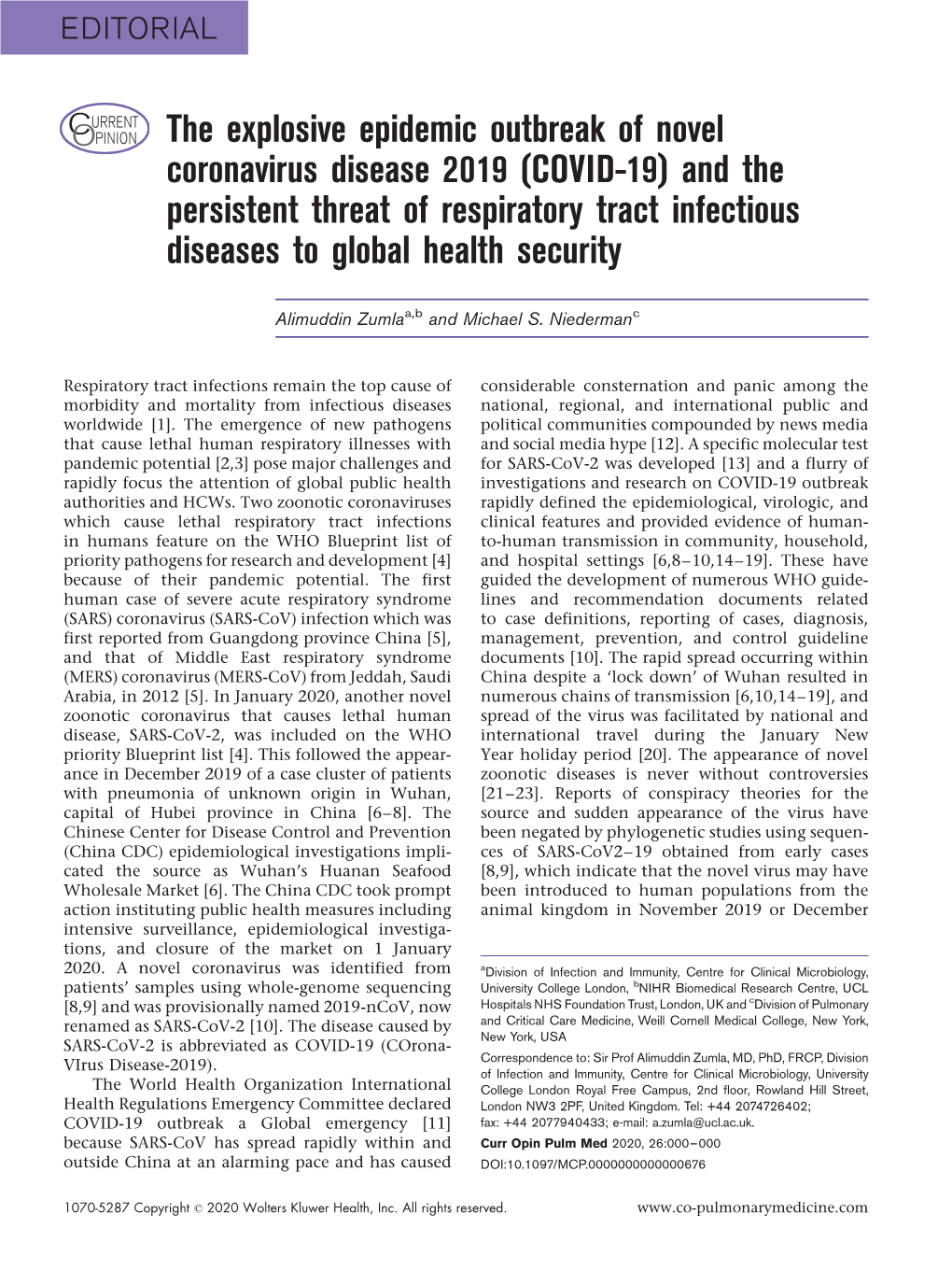 (COVID-19) and the Persistent Threat of Respiratory Tract Infectious Diseases to Global Health Security