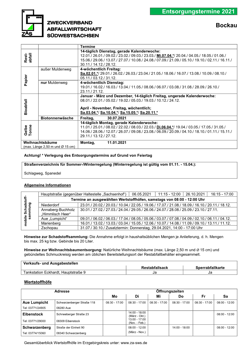 Entsorgungstermine 2021 Bockau