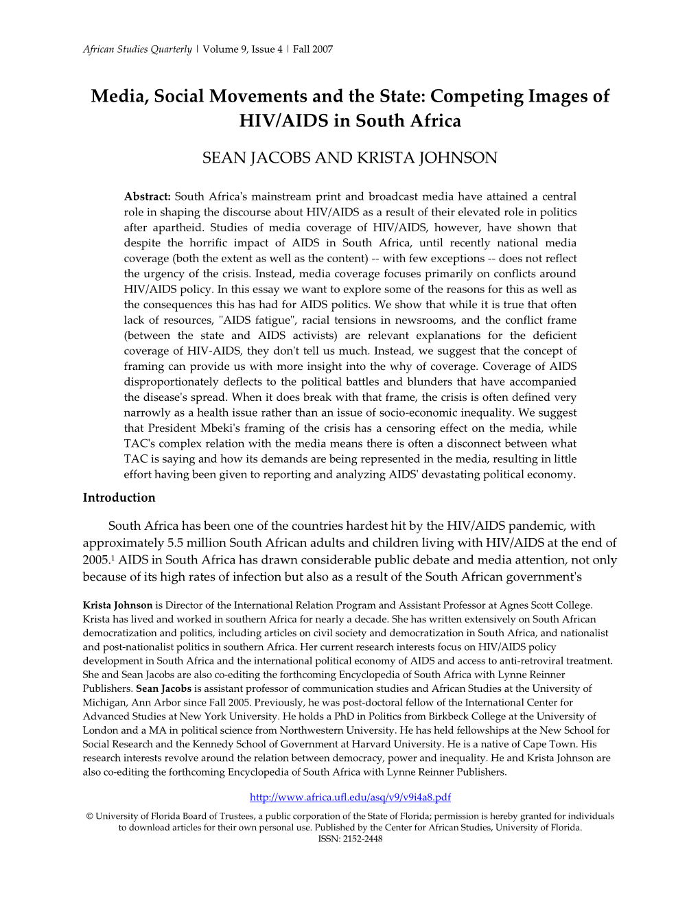 Media, Social Movements and the State: Competing Images of HIV/AIDS in South Africa