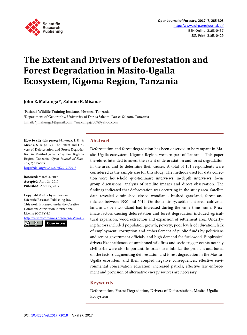 The Extent and Drivers of Deforestation and Forest Degradation in Masito-Ugalla Ecosystem, Kigoma Region, Tanzania