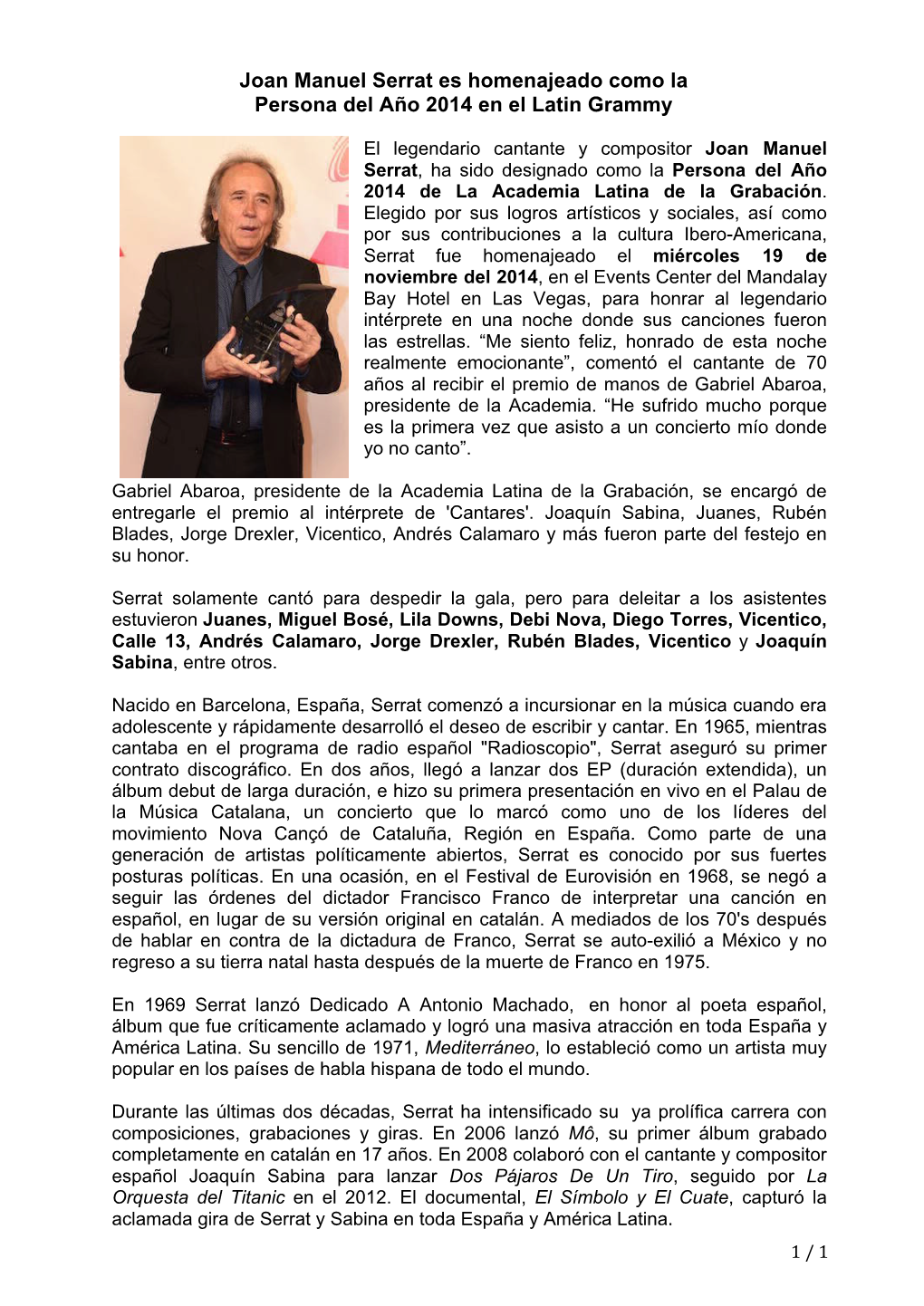 Joan Manuel Serrat Es Homenajeado Como La Persona Del Año 2014 En El Latin Grammy