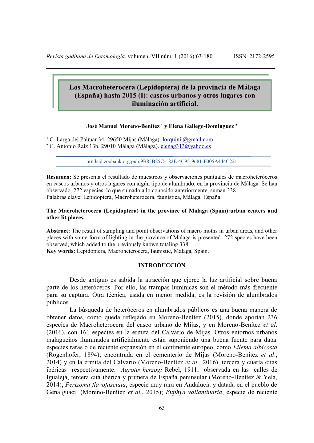 Lepidoptera) De La Provincia De Málaga (España) Hasta 2015 (I): Cascos Urbanos Y Otros Lugares Con Iluminación Artificial