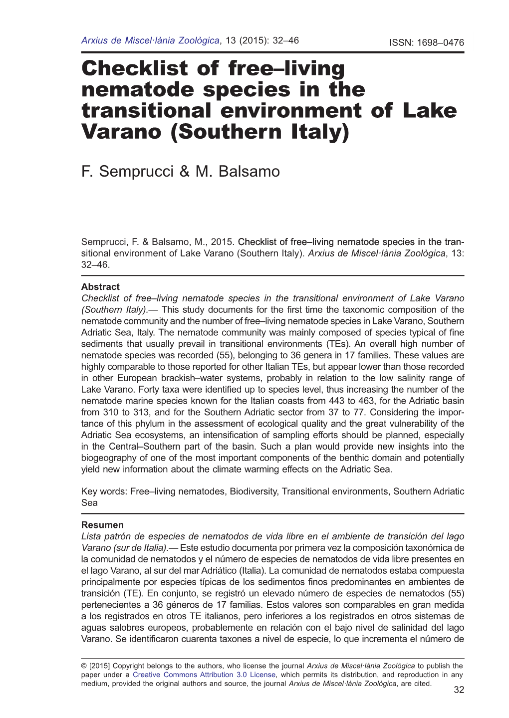 Checklist of Free–Living Nematode Species in the Transitional Environment of Lake Varano (Southern Italy)