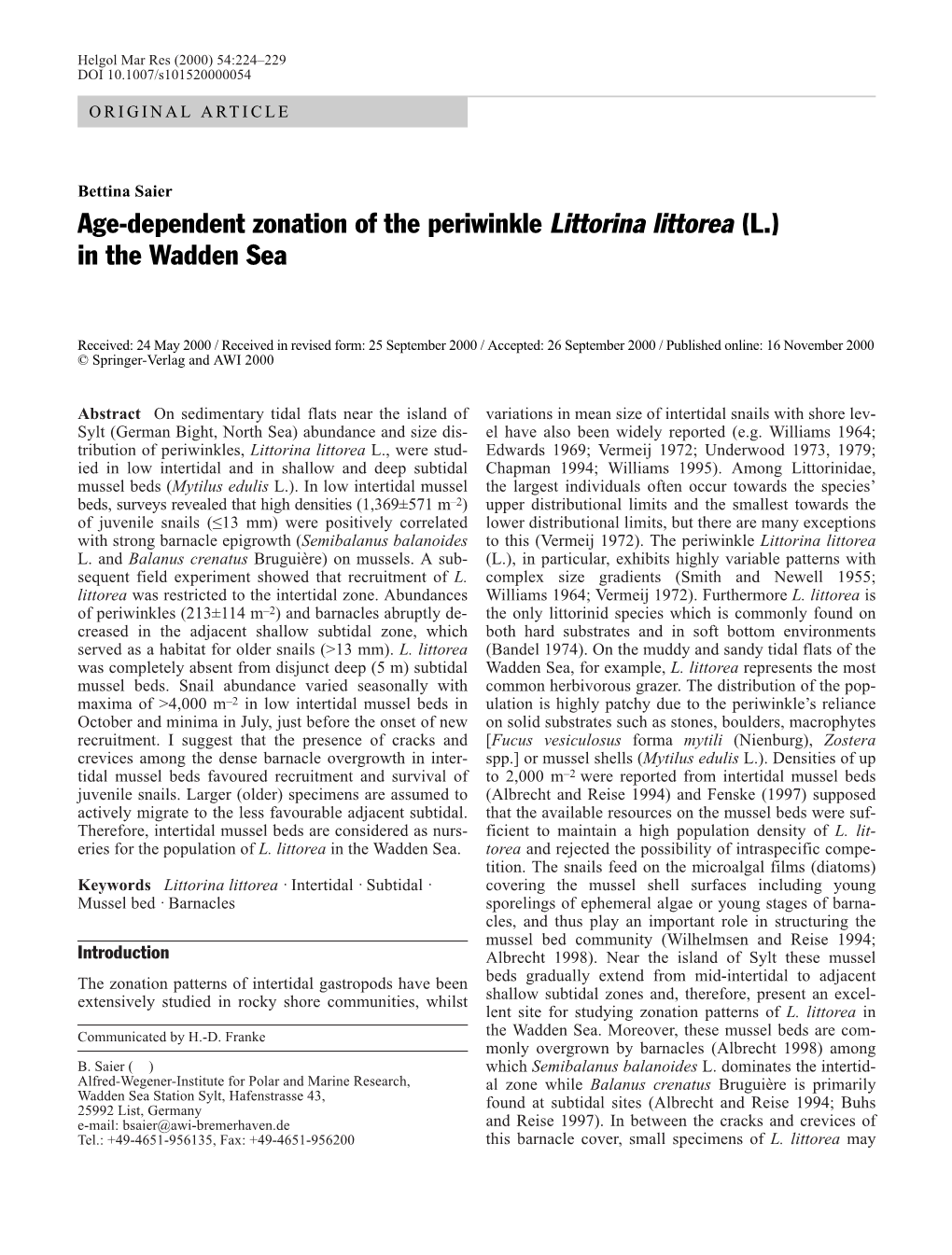 Age-Dependent Zonation of the Periwinkle Littorina Littorea (L.) in the Wadden Sea