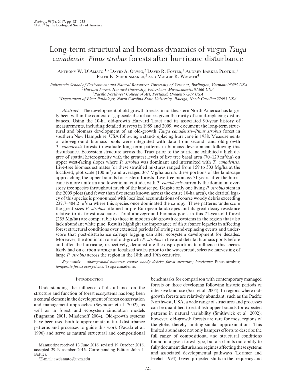 Term Structural and Biomass Dynamics of Virgin Tsuga Canadensis–