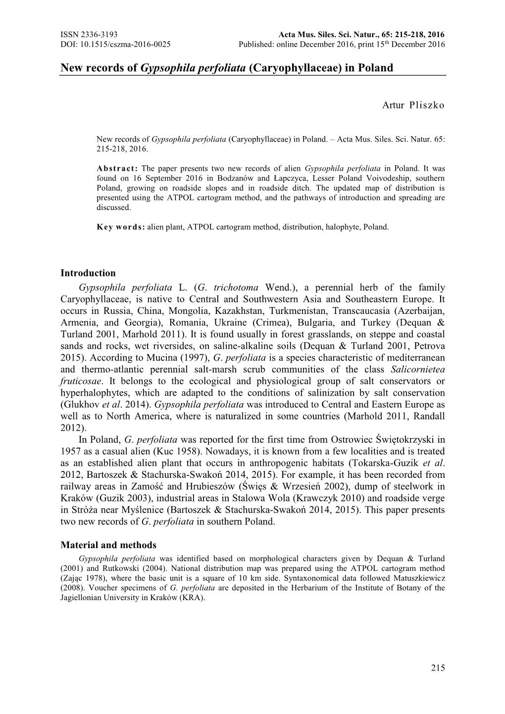 New Records of Gypsophila Perfoliata (Caryophyllaceae) in Poland