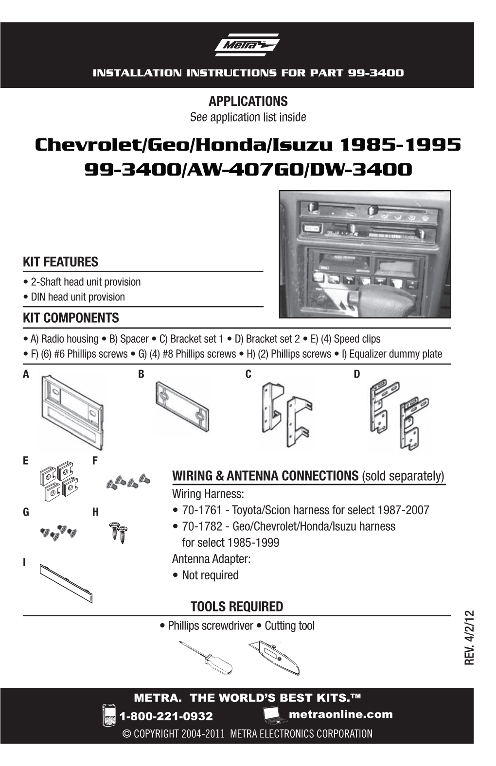 Chevrolet/Geo/Honda/Isuzu 1985-1995 99-3400/AW-407GO/DW-3400