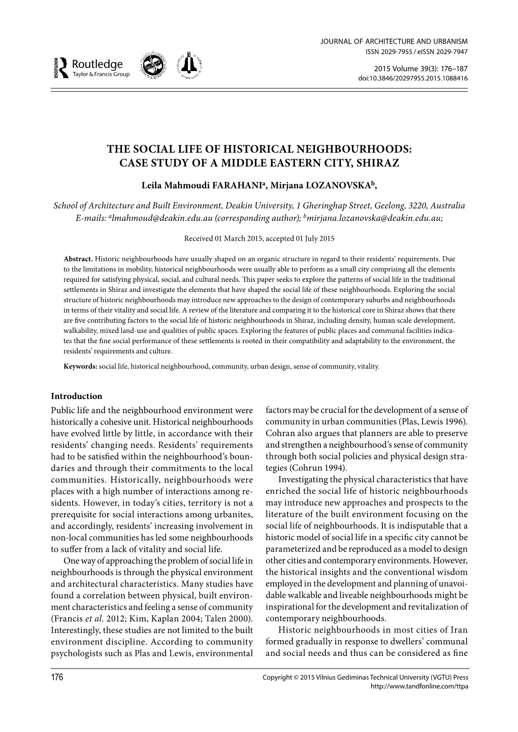 The Social Life of Historical Neighbourhoods: Case Study of a Middle Eastern City, Shiraz