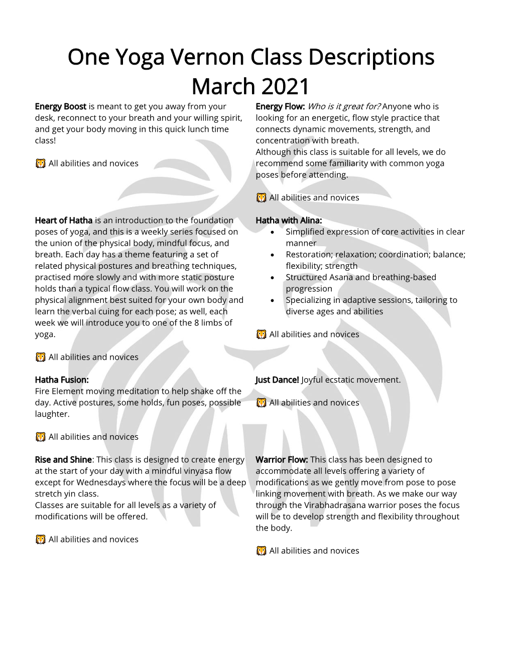 One Yoga Vernon Class Descriptions March 2021