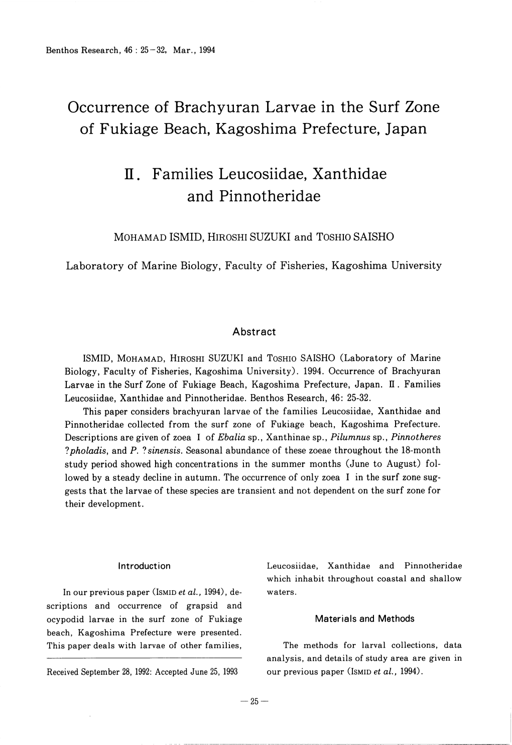 Occurrence of Brachyuran Larvae in the Surf Zone of Fukiage Beach, Kagoshima Prefecture, Japan II. Families Leucosiidae, Xanthidae and Pinnotheridae