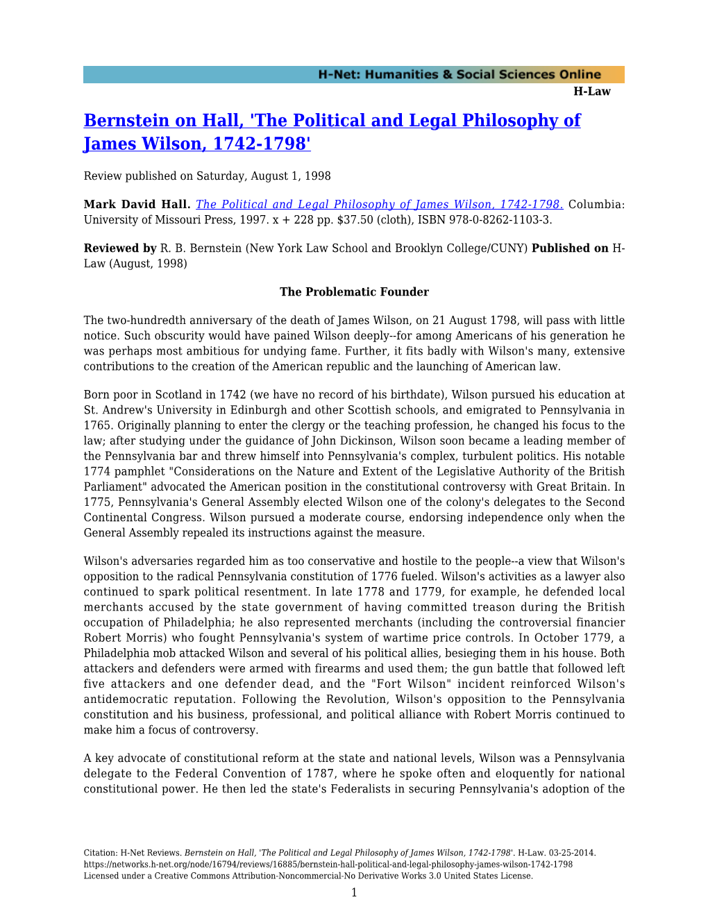 The Political and Legal Philosophy of James Wilson, 1742-1798'