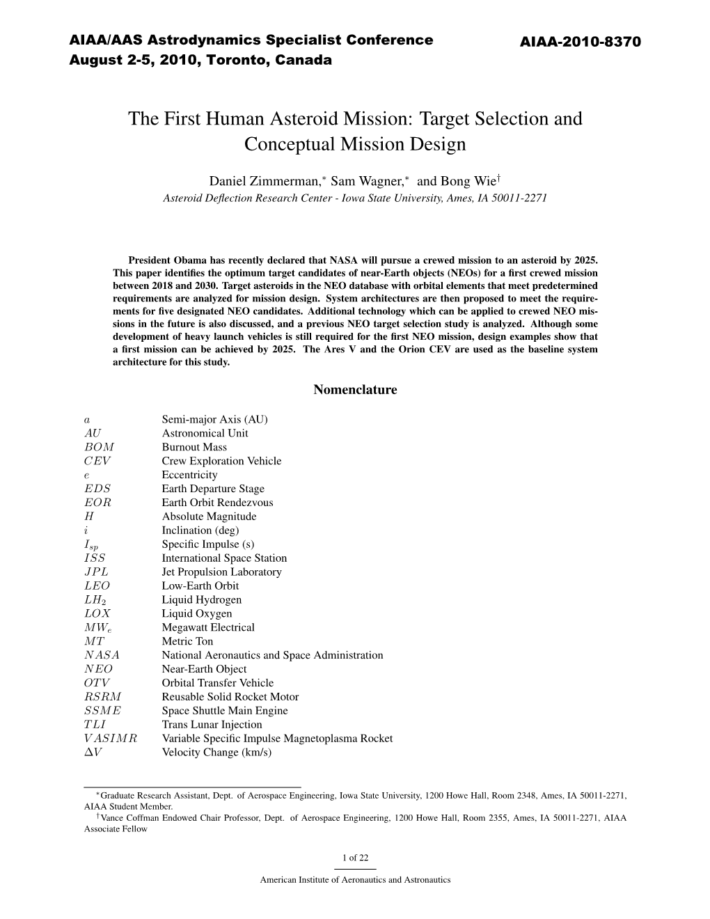 The First Human Asteroid Mission: Target Selection and Conceptual Mission Design