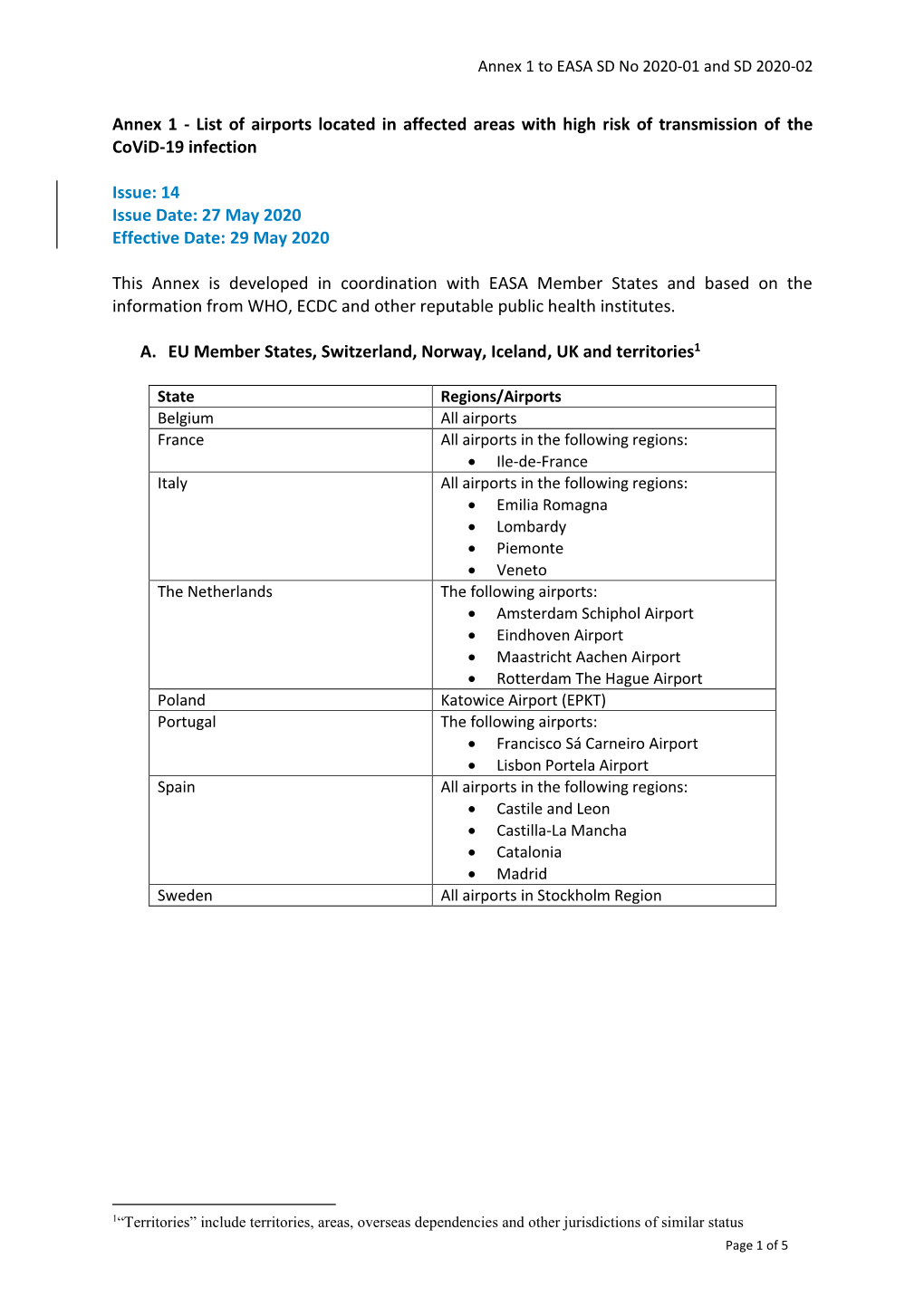 Annex 1 to EASA SD No 2020-01 and SD 2020-02