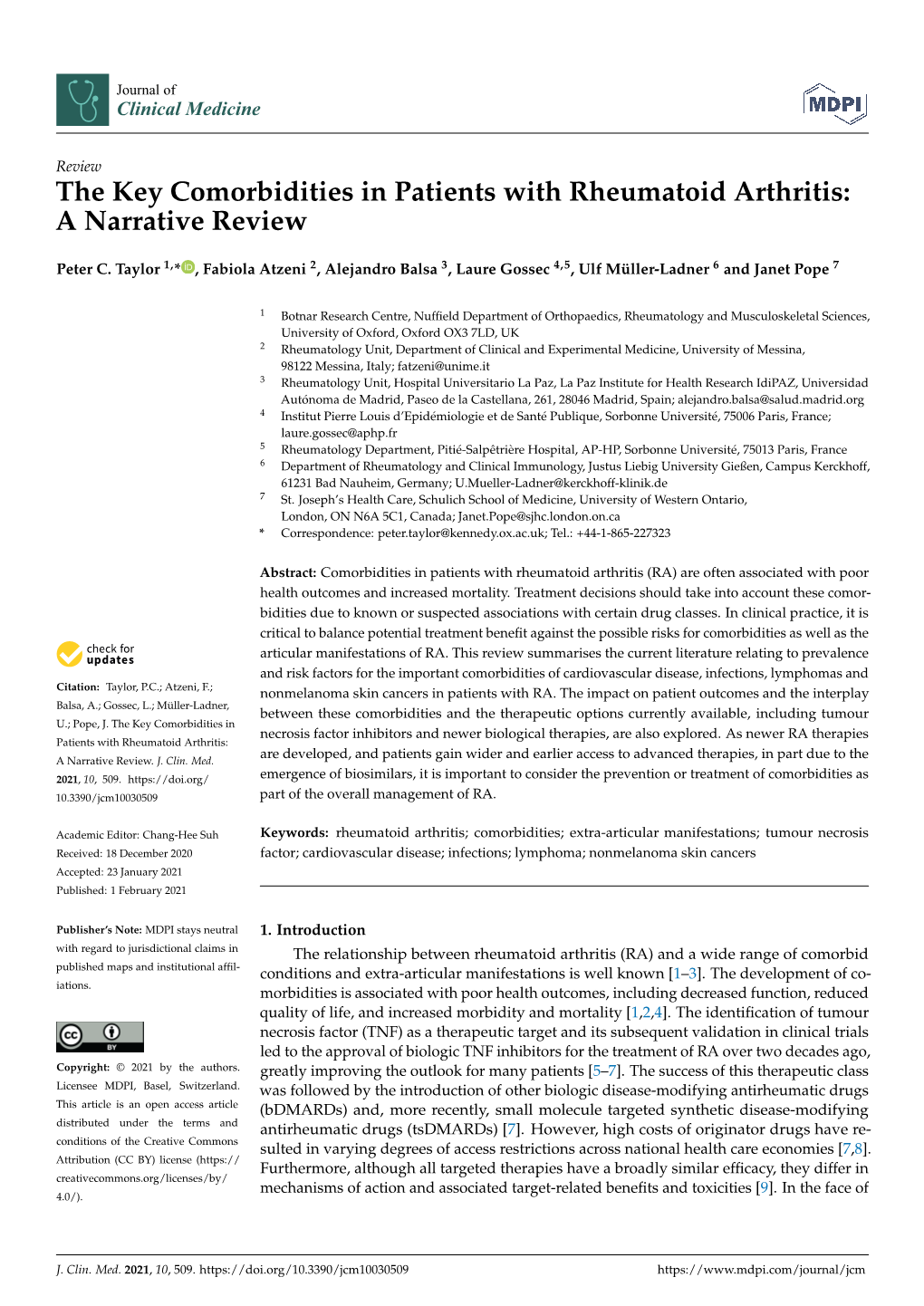 The Key Comorbidities in Patients with Rheumatoid Arthritis: a Narrative Review