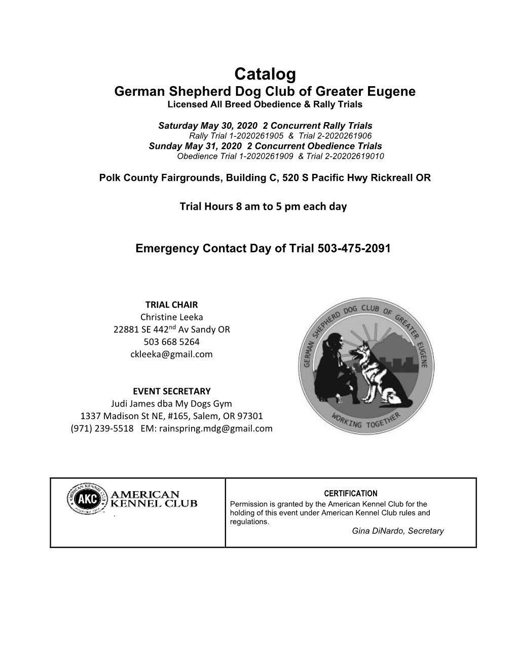 Catalog German Shepherd Dog Club of Greater Eugene Licensed All Breed Obedience & Rally Trials