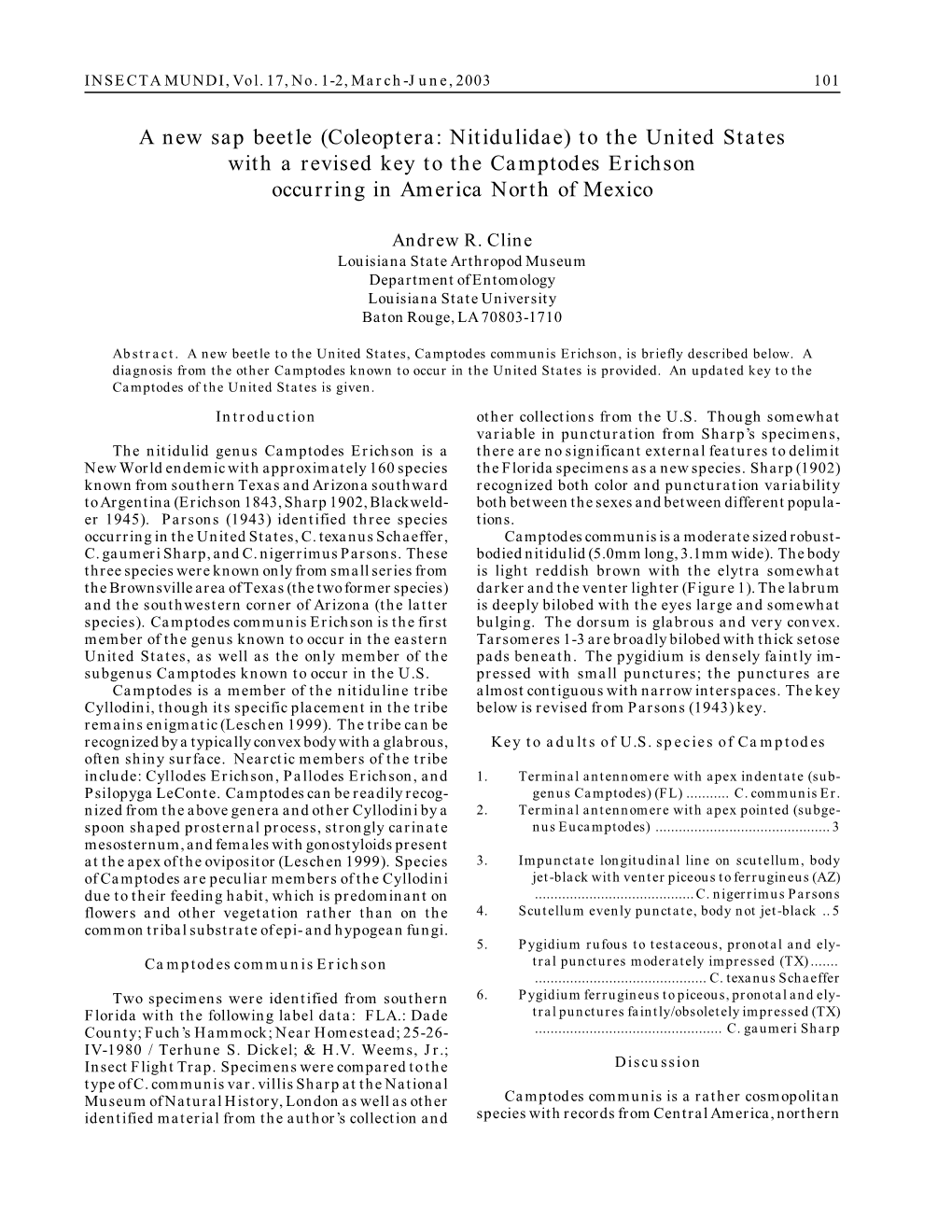 A New Sap Beetle (Coleoptera: Nitidulidae) to the United States with a Revised Key to the Camptodes Erichson Occurring in America North of Mexico