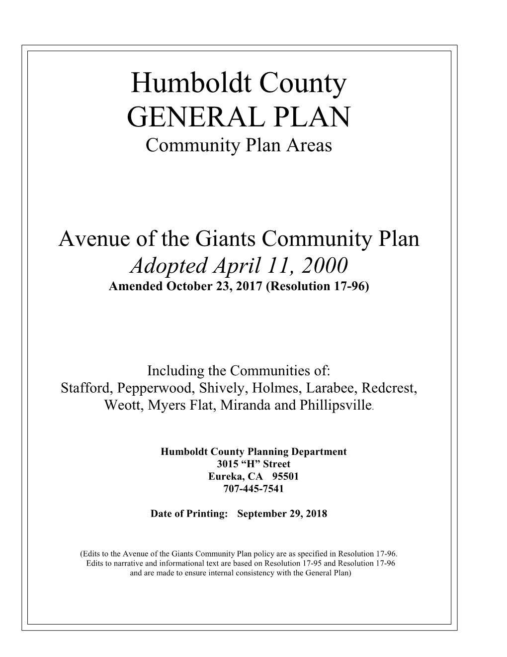 Avenue of the Giants Community Plan, Originally Adopted in 2000