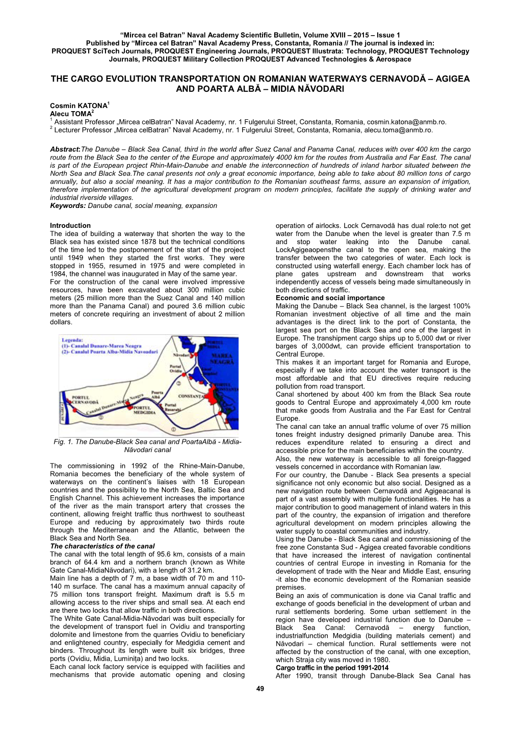 The Cargo Evolution Transportation on Romanian Waterways Cernavodă – Agigea and Poarta Albă – Midia Năvodari