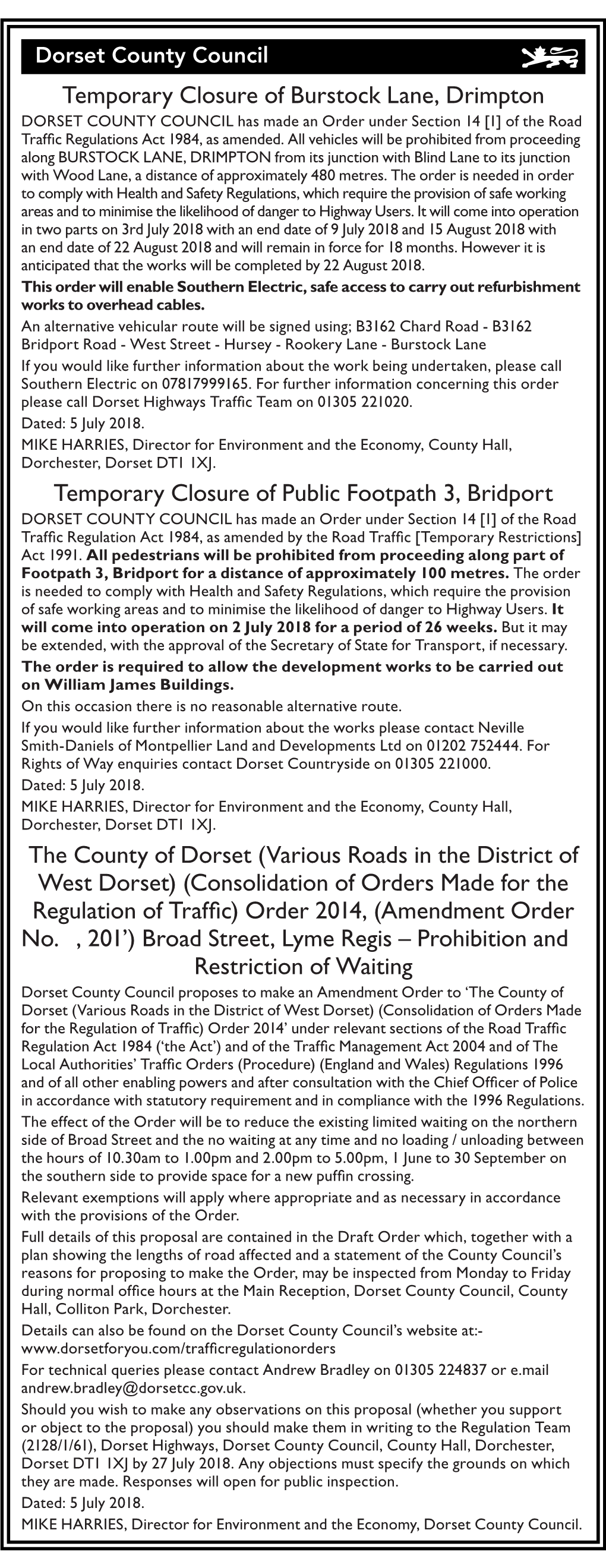 Temporary Closure of Burstock Lane, Drimpton Temporary Closure